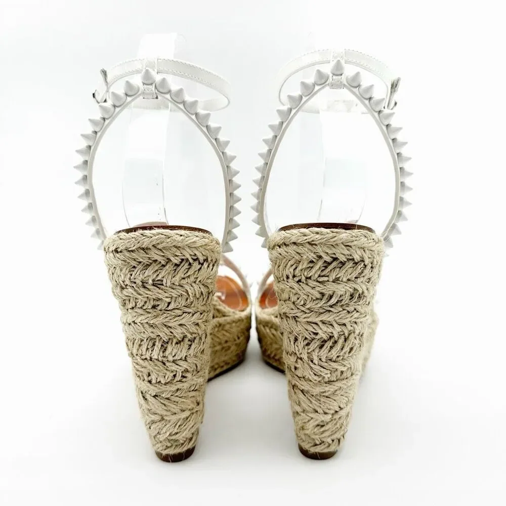 CHRISTIAN LOUBOUTIN Mafaldina Wedge Heels 39 US 8.5 Spiked Sandals White Leather